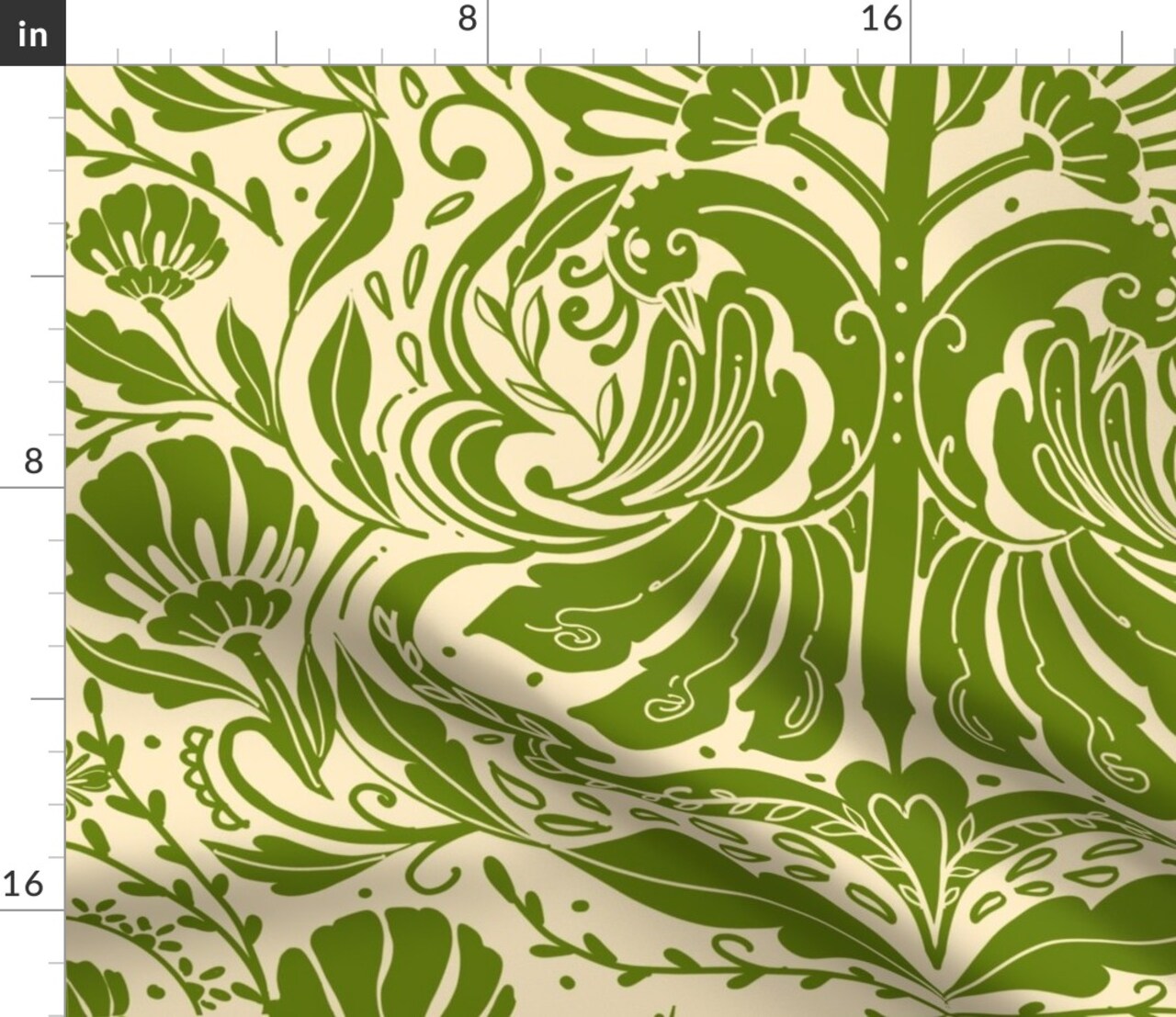 Green Yellow Nature Birds Victorian Summer Damask Olive Baroque Chinoiserie Rococo Art Nouveau Large Scale Custom Printed Fabric by Spoonflower Various Fabrics by the Yard or Fat Quarter